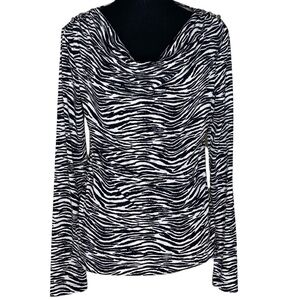 JONES NEW YORK Long Sleeve Cowl Neck Top Shirt Blouse Zebra Animal Print Medium